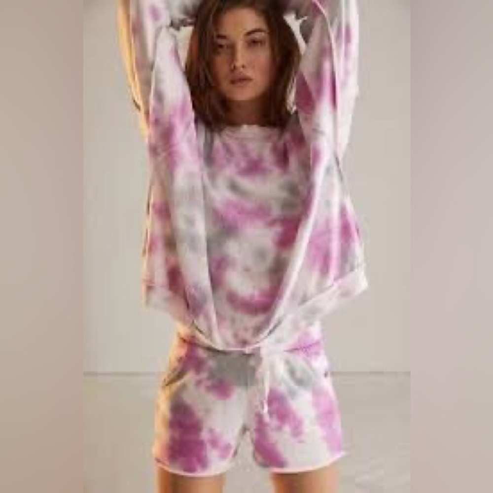 NWT Free People Kelly Washed Tie Dye Fleece Sweatshirt in Pink & Gray Size XS